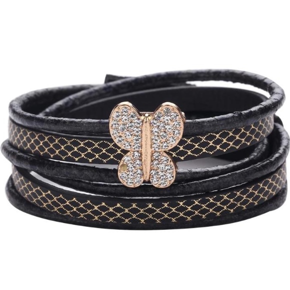 Black Python Leather Wrap Butterfly Charm Bracelet - Picture 6 of 8
